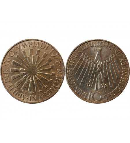 ALLEMAGNE, Emblème des JO MUNICH - 10 MARK ARGENT 1972 D MUNICH