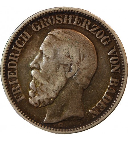 ALLEMAGNE, BADEN, FRIEDRICH﻿ GROSHERZOG﻿ - 2 MARK ARGENT 1876 G