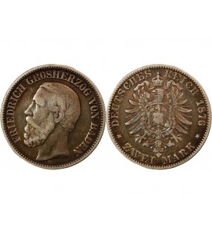 ALLEMAGNE, BADEN, FRIEDRICH﻿ GROSHERZOG﻿ - 2 MARK ARGENT 1876 G 2