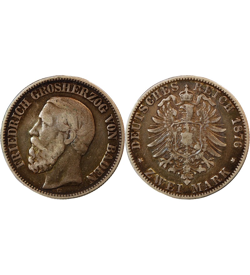ALLEMAGNE, BADEN, FRIEDRICH﻿ GROSHERZOG﻿ - 2 MARK ARGENT 1876 G