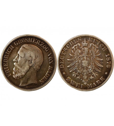 ALLEMAGNE, BADEN, FRIEDRICH﻿ GROSHERZOG﻿ - 2 MARK ARGENT 1876 G