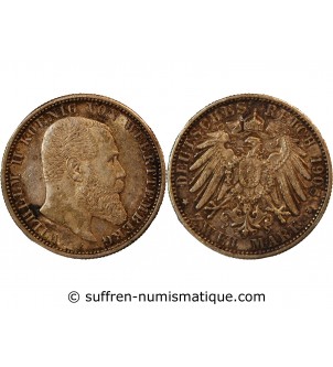 ALLEMAGNE, WUERTTEMBERG, WILHELM II - 2 MARK ARGENT 1908 F﻿