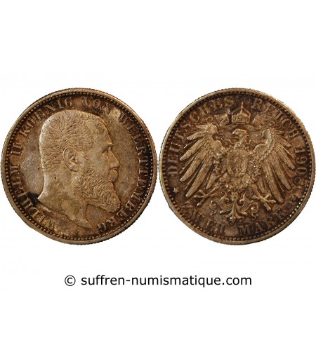 ALLEMAGNE, WUERTTEMBERG, WILHELM II - 2 MARK ARGENT 1908 F﻿