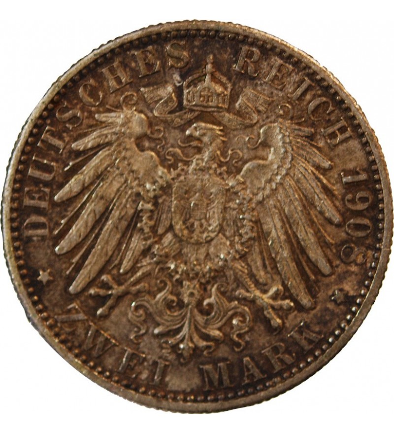 ALLEMAGNE, WUERTTEMBERG, WILHELM II - 2 MARK ARGENT 1908 F﻿