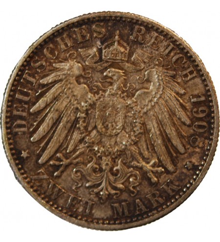 ALLEMAGNE, WUERTTEMBERG, WILHELM II - 2 MARK ARGENT 1908 F﻿