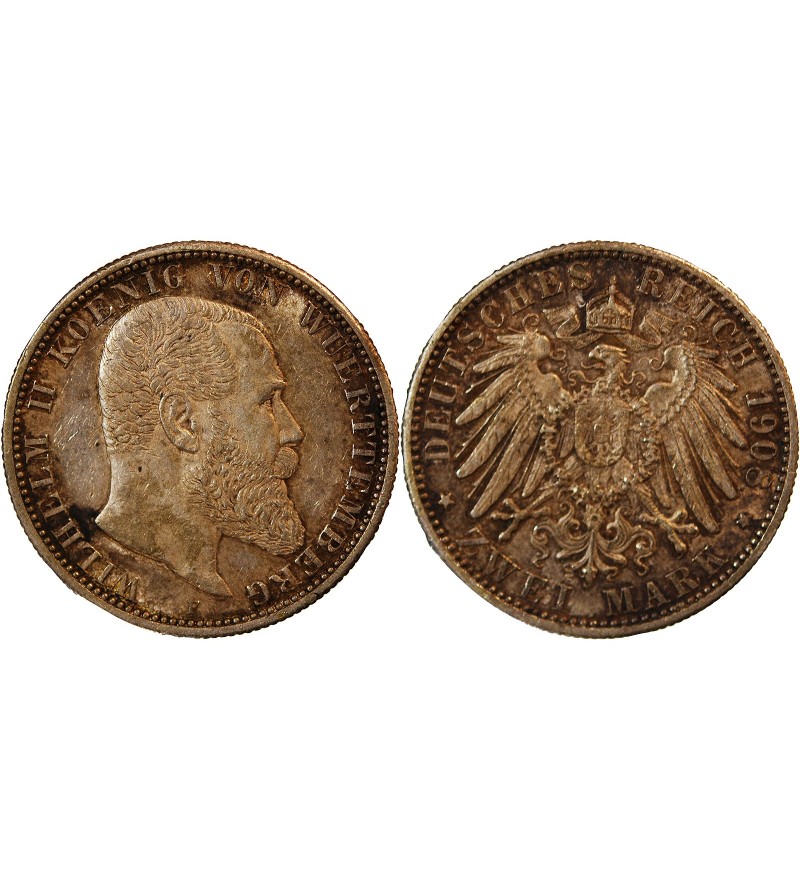 ALLEMAGNE, WUERTTEMBERG, WILHELM II - 2 MARK ARGENT 1908 F﻿