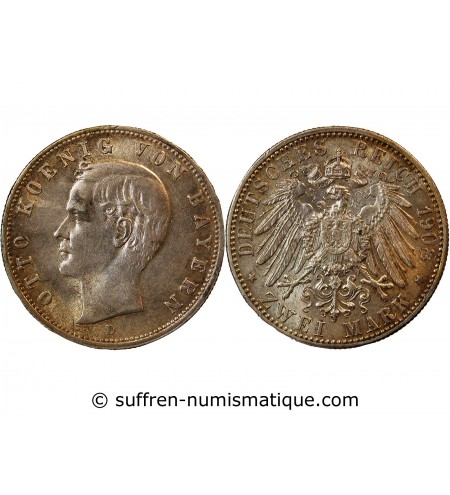 ALLEMAGNE, BAYERN, OTTO - 2 MARK ARGENT 1908 D