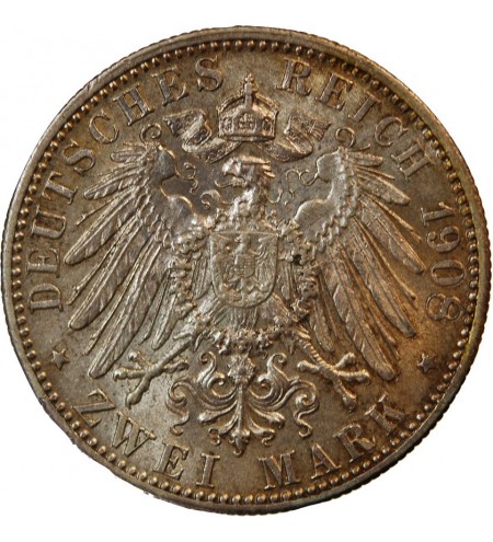 ALLEMAGNE, BAYERN, OTTO - 2 MARK ARGENT 1908 D