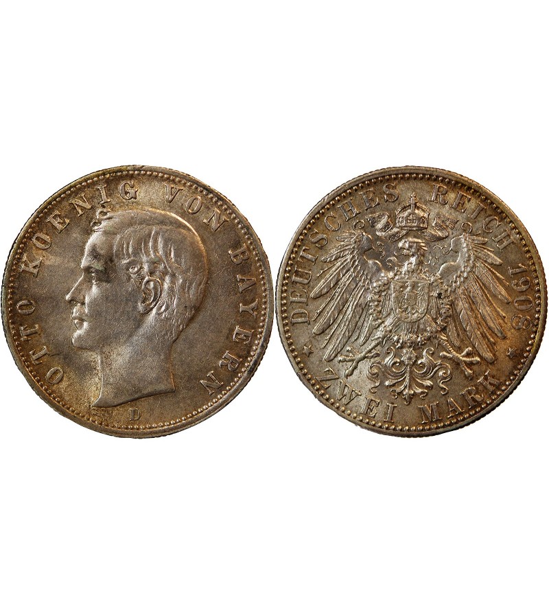 ALLEMAGNE, BAYERN, OTTO - 2 MARK ARGENT 1908 D