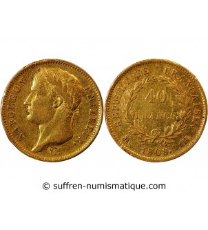 NAPOLEON Ier - 40 FRANCS OR 1808 H LA ROCHELLE "Type République"