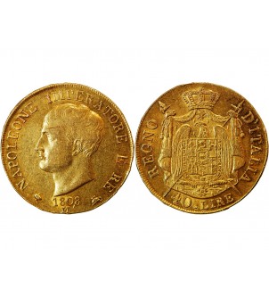 ITALIE, NAPOLEON﻿ 1er - 40 LIRE OR 1808 M MILAN﻿﻿ "Variété à la virgule 180,8" 2