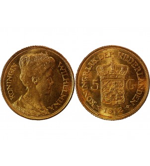 PAYS-BAS, WILHELMINA - 5 GULDEN OR 1912 2