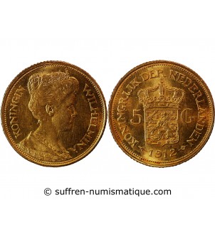 PAYS-BAS, WILHELMINA - 5 GULDEN OR 1912