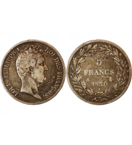 LOUIS PHILIPPE﻿ - 5 FRANCS ARGENT 1830 A PARIS "Type Tiolier, Tr relief"