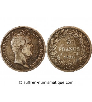LOUIS PHILIPPE﻿ - 5 FRANCS ARGENT 1830 A PARIS "Type Tiolier, Tr relief"