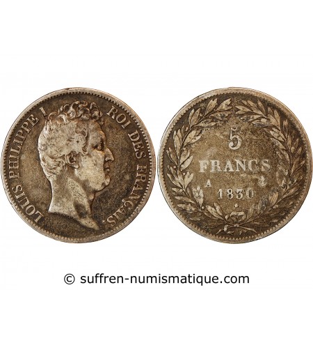 LOUIS PHILIPPE﻿ - 5 FRANCS ARGENT 1830 A PARIS "Type Tiolier, Tr relief"
