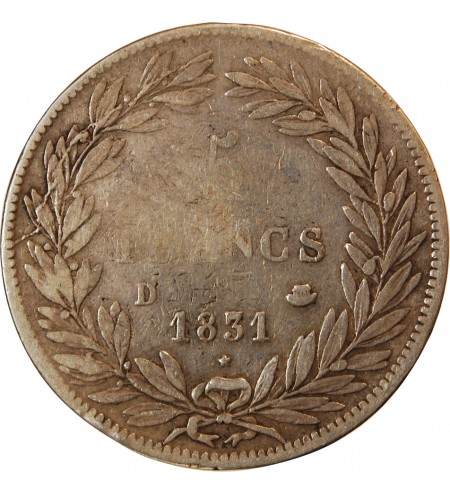 LOUIS PHILIPPE﻿ - 5 FRANCS ARGENT 1831 D LYON "Type Tiolier, Tr creux"