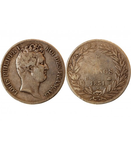 LOUIS PHILIPPE﻿ - 5 FRANCS ARGENT 1831 D LYON "Type Tiolier, Tr creux"