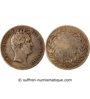 LOUIS PHILIPPE﻿ - 5 FRANCS ARGENT 1831 D LYON "Type Tiolier, Tr creux"