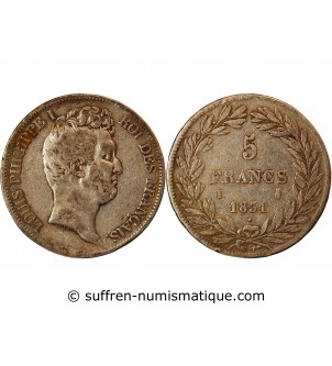 LOUIS PHILIPPE﻿ - 5 FRANCS ARGENT 1831 I LIMOGES "Type Tiolier, Tr creux"