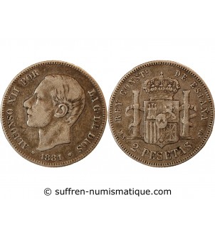 ESPAGNE, ALPHONSO II - 2 PESETAS ARGENT 1881