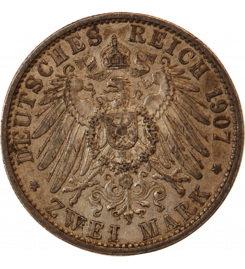 ALLEMAGNE, PRUSSE, WILHELM II - 2 MARK ARGENT 1907 A