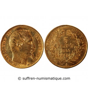 NAPOLEON III - 5 FRANCS OR PETIT MODULE 1855 A PARIS﻿ "Tranche cannelée"