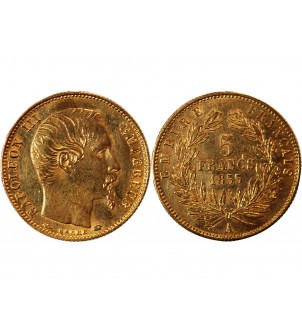 NAPOLEON III - 5 FRANCS OR PETIT MODULE 1855 A PARIS﻿ "Tranche cannelée" 2