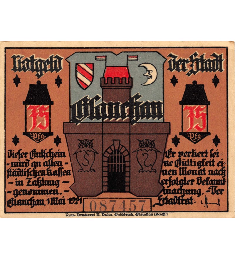 ALLEMAGNE, GLAUCHAU - 75 PFENNIG 1921