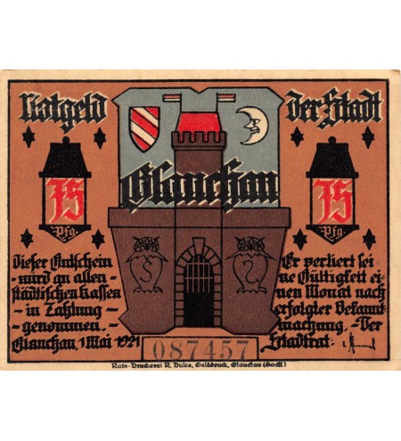 ALLEMAGNE, GLAUCHAU - 75 PFENNIG 1921