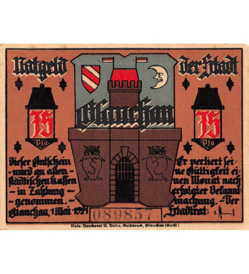 ALLEMAGNE, GLAUCHAU - 75 PFENNIG 1921
