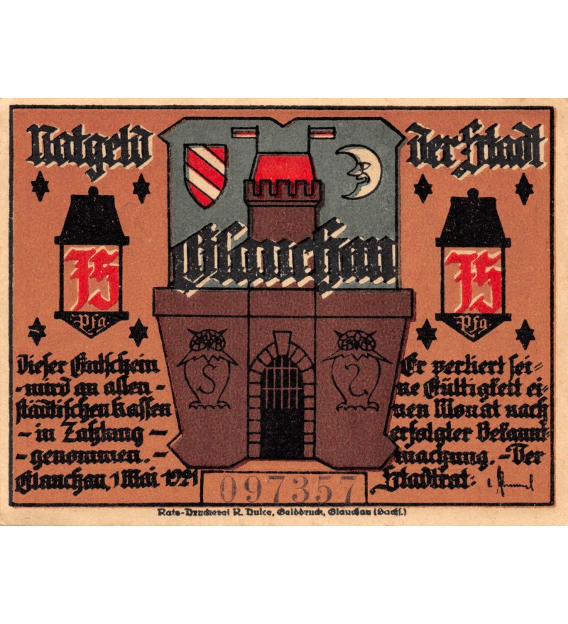 ALLEMAGNE, GLAUCHAU - 75 PFENNIG 1921