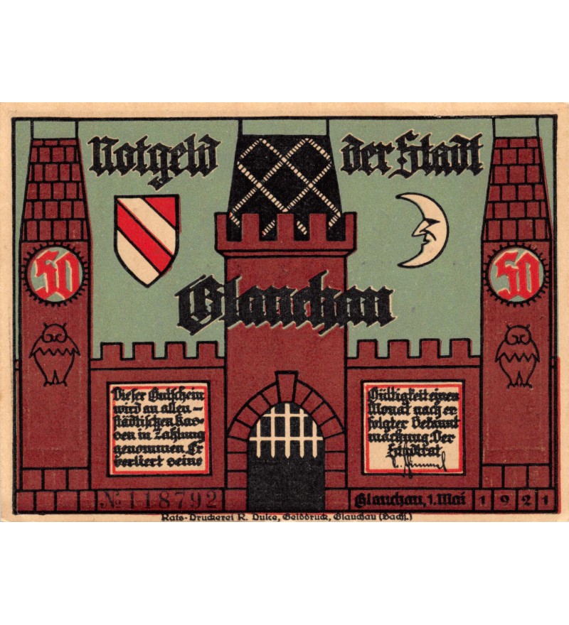 ALLEMAGNE, GLAUCHAU - 50 PFENNIG 1921