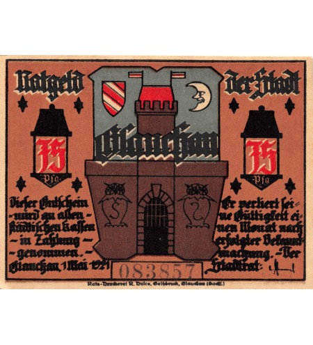 ALLEMAGNE, GLAUCHAU - 75 PFENNIG 1921