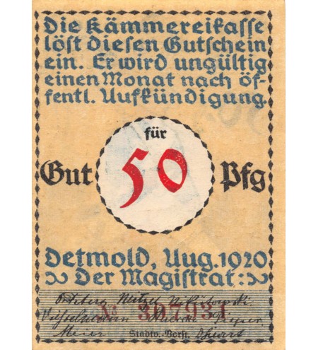 ALLEMAGNE, DETMOLD - LIPPE - 50 PFENNIG 1920
