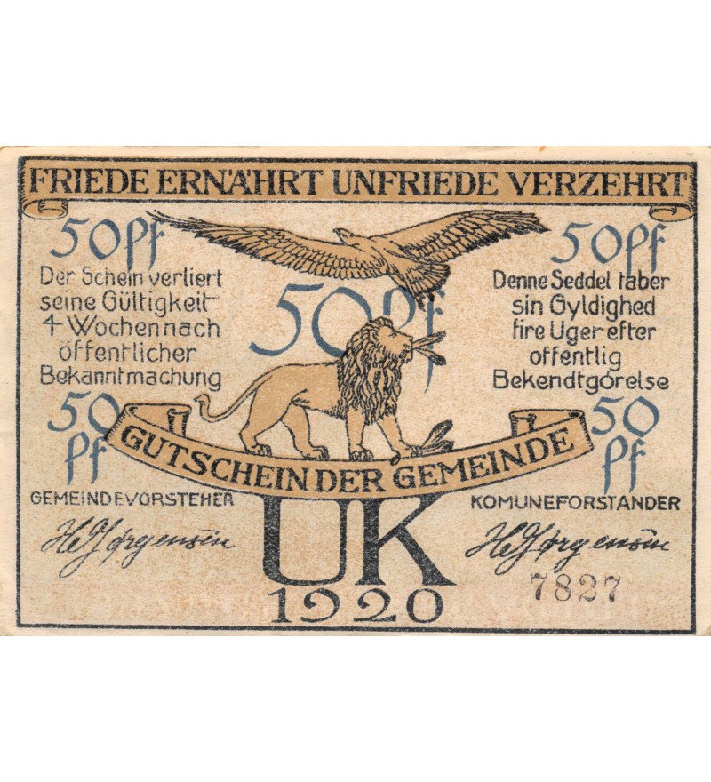 DANEMARK, ALLEMAGNE, NORDSCHLESWIG - 50 PFENNIG 1920