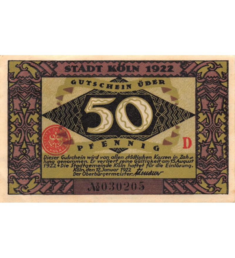 ALLEMAGNE, KÖLN- 50 PFENNIG 1922