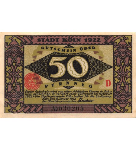 ALLEMAGNE, KÖLN- 50 PFENNIG 1922