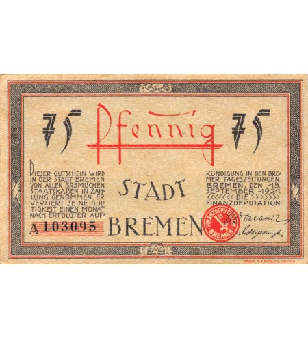 ALLEMAGNE, BRÈME - 75 PFENNIG 1921