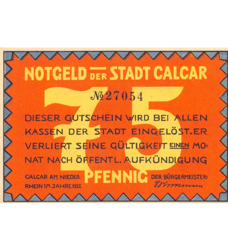 ALLEMAGNE, CALCAR - 75 PFENNIG 1922