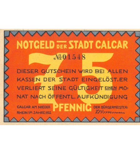 ALLEMAGNE, CALCAR - 75 PFENNIG 1922