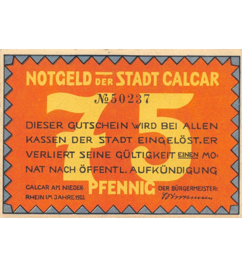 ALLEMAGNE, CALCAR - 75 PFENNIG 1922