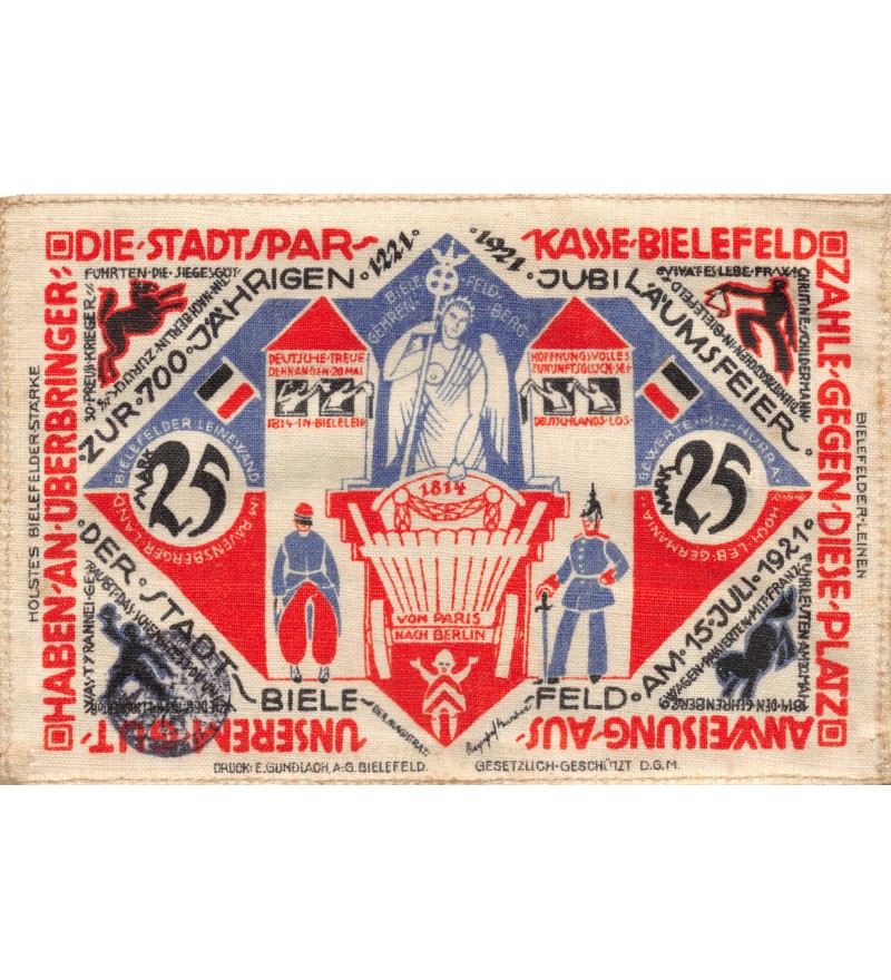 ALLEMAGNE, BIELEFELD - 25 MARK 1921 "Imprimé sur Tissu"