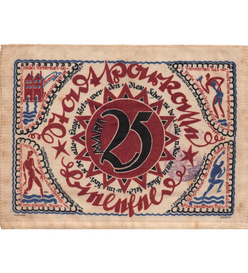 ALLEMAGNE, BIELEFELD - 25 MARK 1921 "Imprimé sur Tissu"