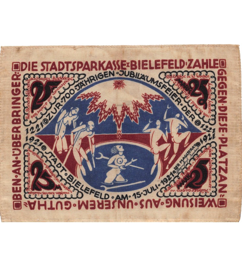 ALLEMAGNE, BIELEFELD - 25 MARK 1921 "Imprimé sur Tissu"