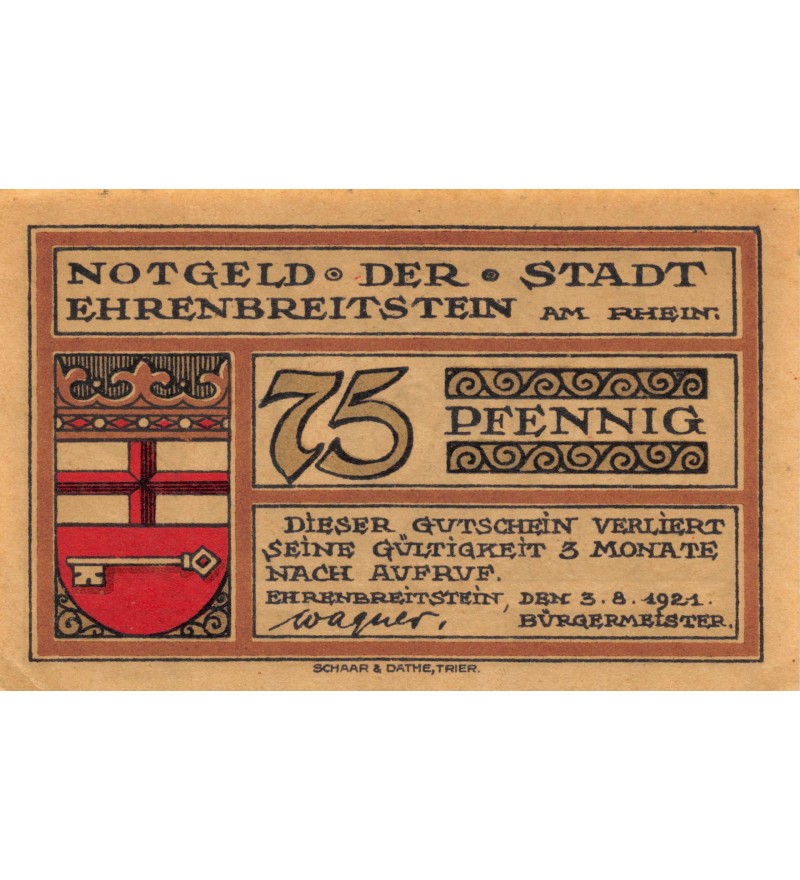 ALLEMAGNE, EHRENBREITSTEIN - 75 PFENNIG 1921
