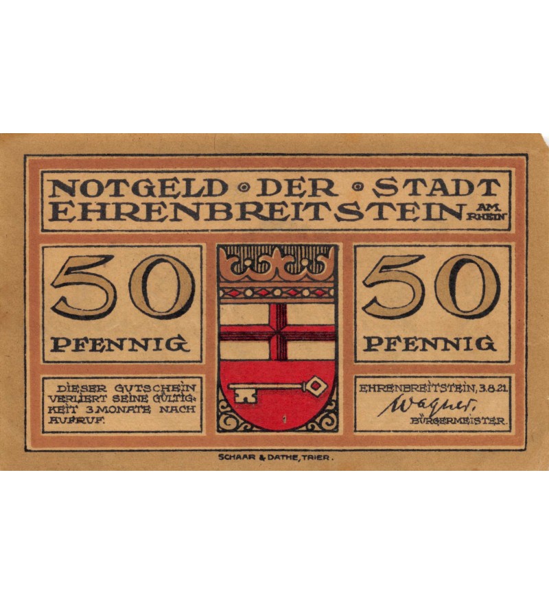ALLEMAGNE, EHRENBREITSTEIN - 50 PFENNIG 1921