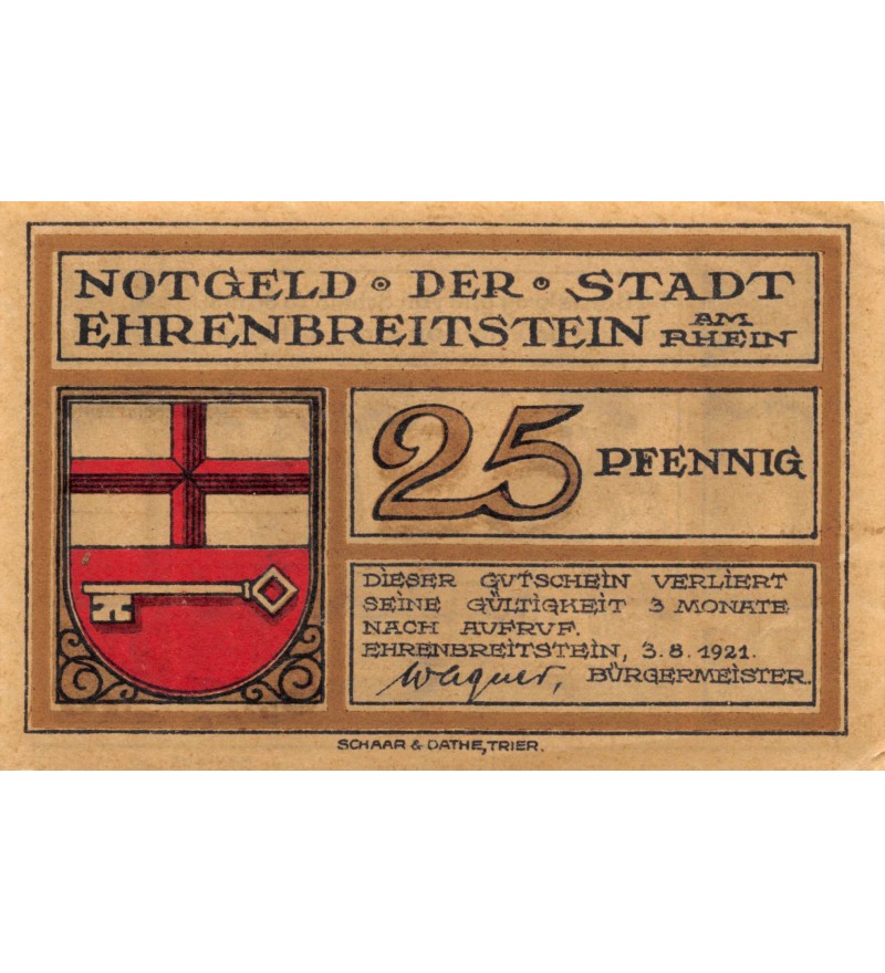 ALLEMAGNE, EHRENBREITSTEIN - 25 PFENNIG 1921
