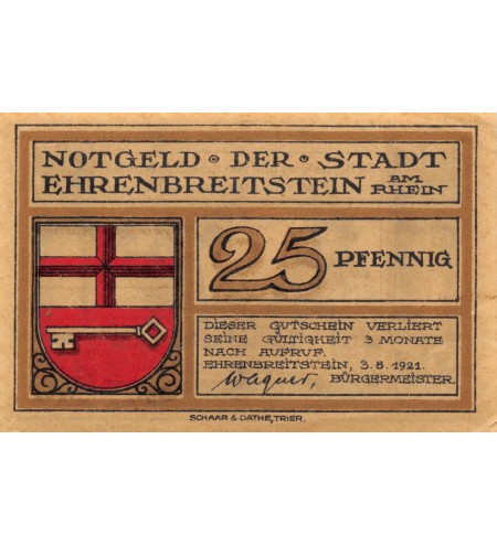 ALLEMAGNE, EHRENBREITSTEIN - 25 PFENNIG 1921