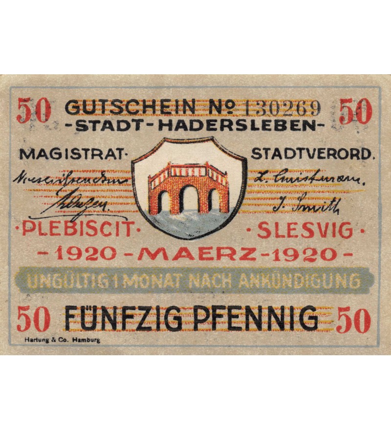 DANEMARK, ALLEMAGNE, HADERSLEBEN - 50 PFENNIG 1920